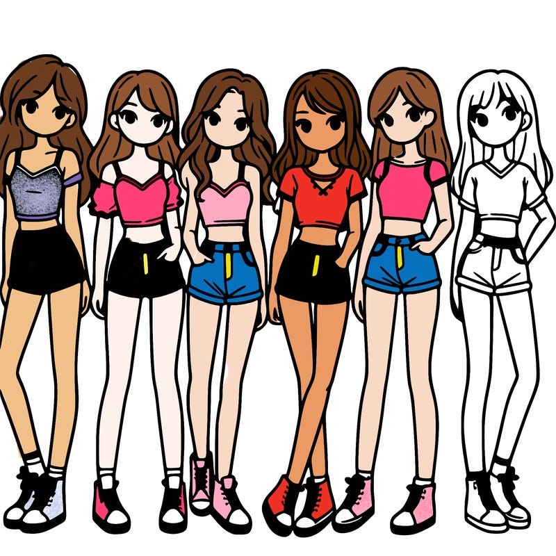 a group of girls wearing crop tops and shorts