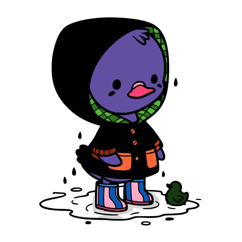 baby duck in a rain coat and boots, in a puddle while it’s raining