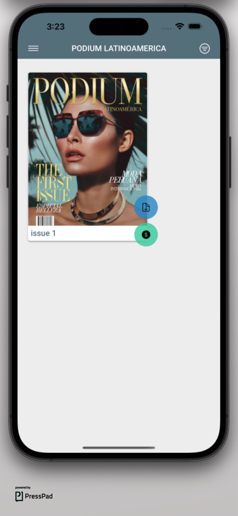 Podium Latinoamerica mobile app interface showing the first issue cover of the Peruvian fashion and art magazine