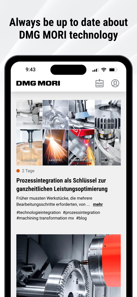 DMG MORI - DMG MORI 모바일 앱 인터페이스에 산업 기술 업데이트 및 CNC 가공 카테고리가 표시됩니다.