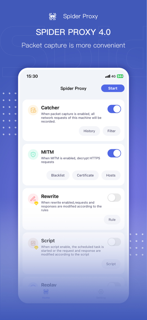Interface de l'application Spider Proxy montrant la capture de paquets réseau et les paramètres MITM