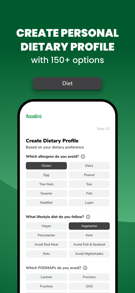 Foodini US - Screen in the Foodini US app showing dietary profile options including allergens and lifestyle diets like gluten and vegetarian.