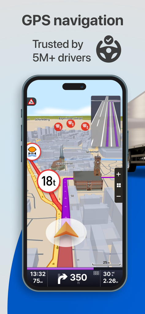 Sygic Truck and RV Navigation app displaying a 3D map with weight limits and lane guidance