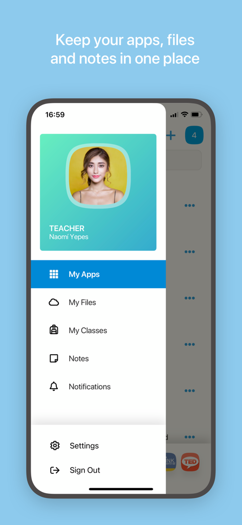 Mobile interface of ClassLink LaunchPad showing the main navigation menu with options for apps, files, and classes.