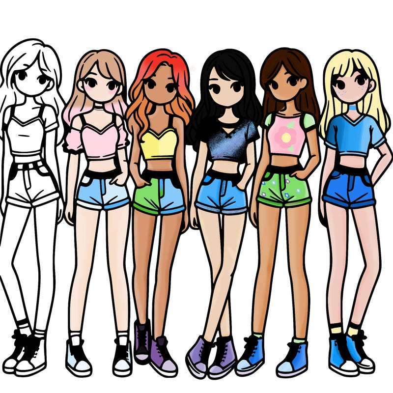 a group of girls wearing crop tops and shorts
