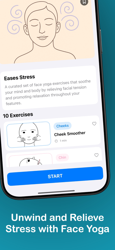FaceZen - Face Yoga - FaceZen app interface showing face yoga routines for stress relief and cheek smoothing.