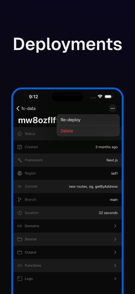 Vercel Mobile — Rev - Mobile screen of Rev app showing deployment details for a Next.js project with options to re-deploy or delete
