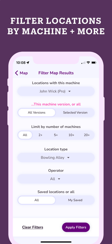 Pinball Map mobile app screen for filtering search results by machine model location type and operator