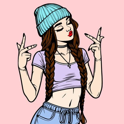 realistic teenage girl with braids and a beanie and crop top doing 🫶🏼