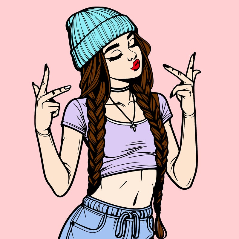 realistic teenage girl with braids and a beanie and crop top doing 🫶🏼
