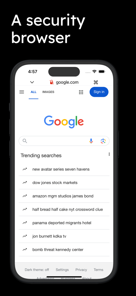 Cydog Toolkit - Oberfläche des Cydog Toolkit Sicherheitsbrowsers, die die Google-Suchmaschine auf einem iPhone zeigt.