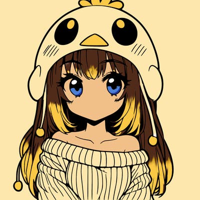 anime girl with chick shaped hat with sweater with bare shoulders with bangs covering them one eye with low tail