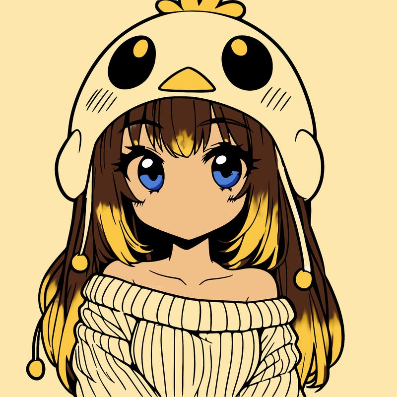 anime girl with chick shaped hat with sweater with bare shoulders with bangs covering them one eye with low tail