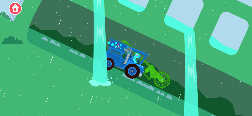 Ein blauer Dinosaurier fährt in einem regnerischen Feld mit Wasserfällen einen Traktor.