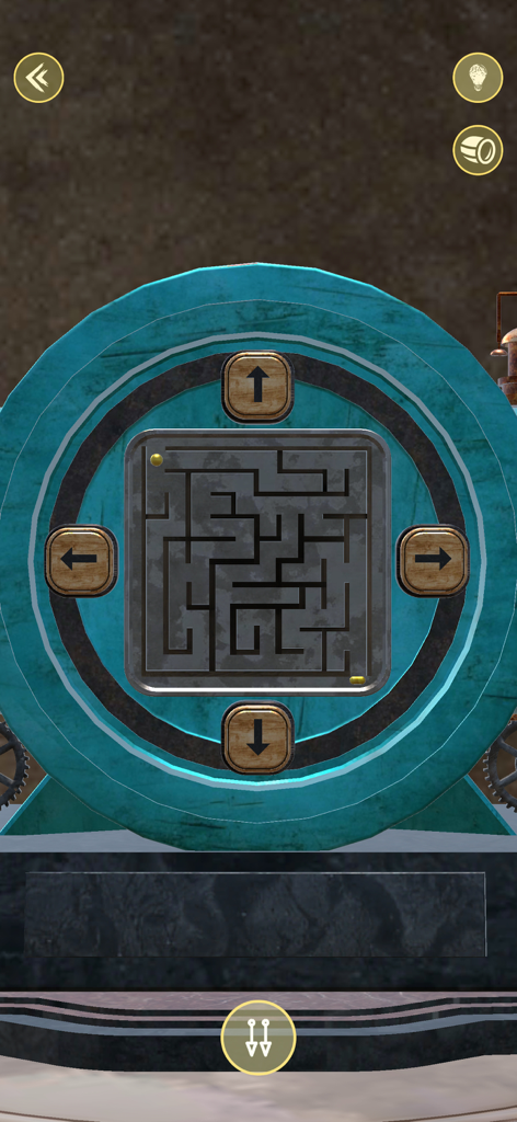 Odd Machines: Escape a Temple - 木製の矢印ボタンを備えた、ティール色のメカニカルマシンに統合された正方形の迷路パズル。
