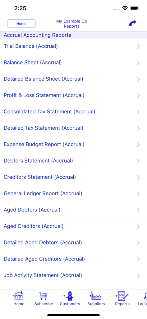 Bookkeeping - Un menú de informes de contabilidad de devengo, incluidos el balance general y los estados de pérdidas y ganancias en la aplicación Bookkeeping