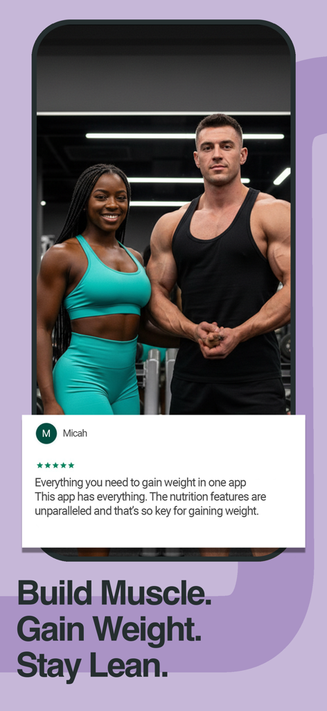 Two fitness enthusiasts in a gym showing off their muscle gains with a positive user review for the app