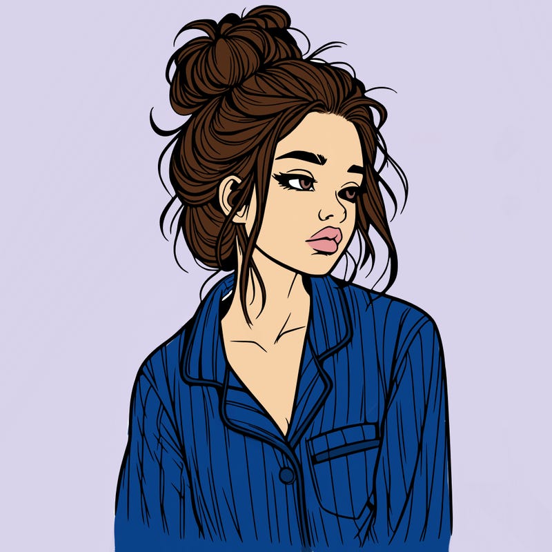 realistic woman with pajamas on and a messy bun