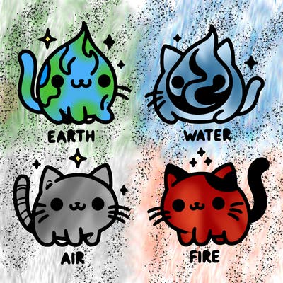 4 cats that represent the different elements, earth, water, air, and fire