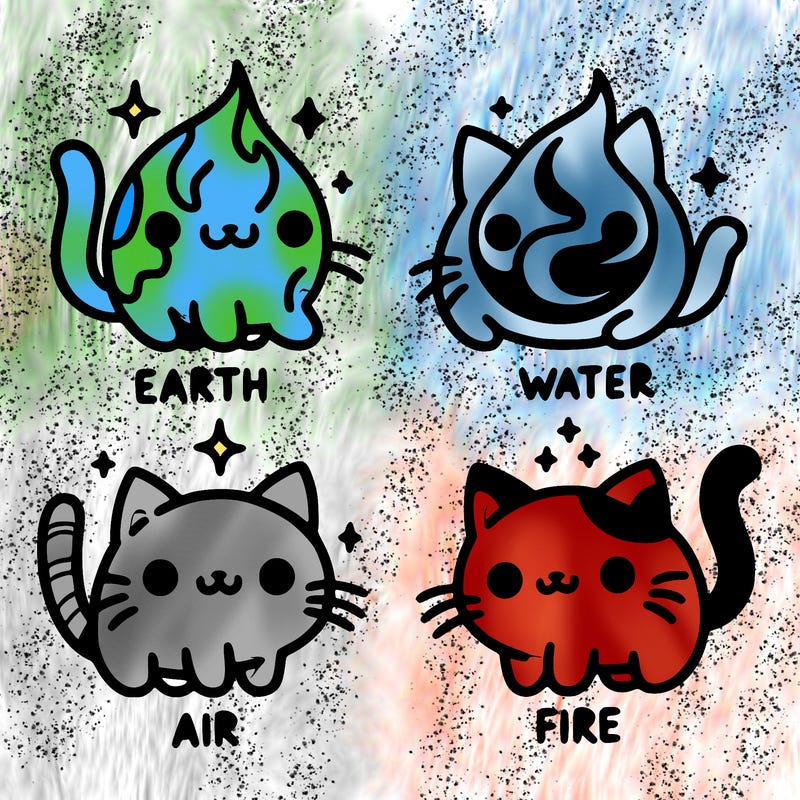 4 cats that represent the different elements, earth, water, air, and fire