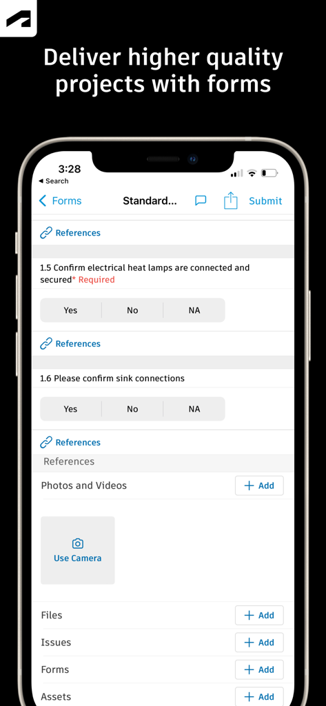A mobile interface from Autodesk Construction Cloud showing a construction site inspection form with checklists for project quality control
