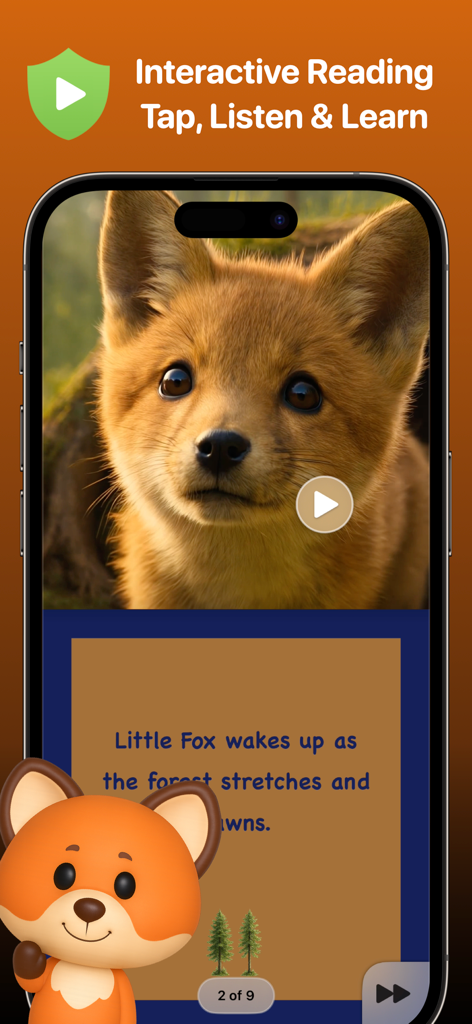 Página de lectura interactiva de la aplicación Kiddos Books con una historia sobre un pequeño zorro