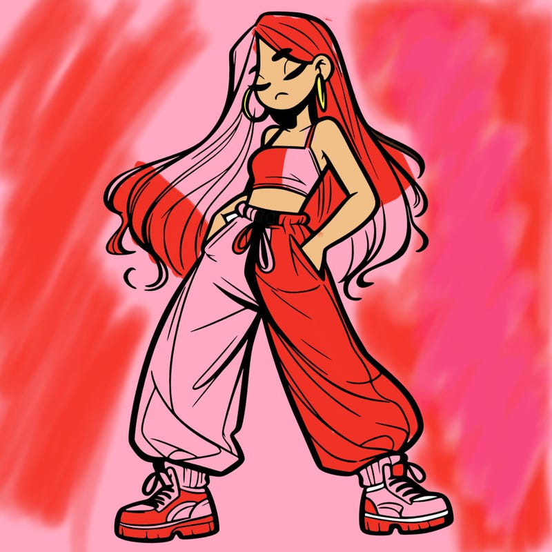 girl in baggy pants crop top and long hair