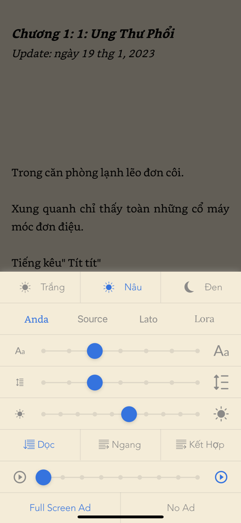 Truyện Full Đọc Truyện Offline - Reading interface of the Truyện Full app showing font, color, and brightness customization settings.