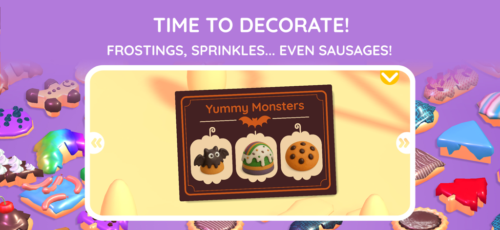 Pango Bakery: Obstacle Course - A pastry decoration menu titled Yummy Monsters featuring a bat cake and a chocolate chip cookie.