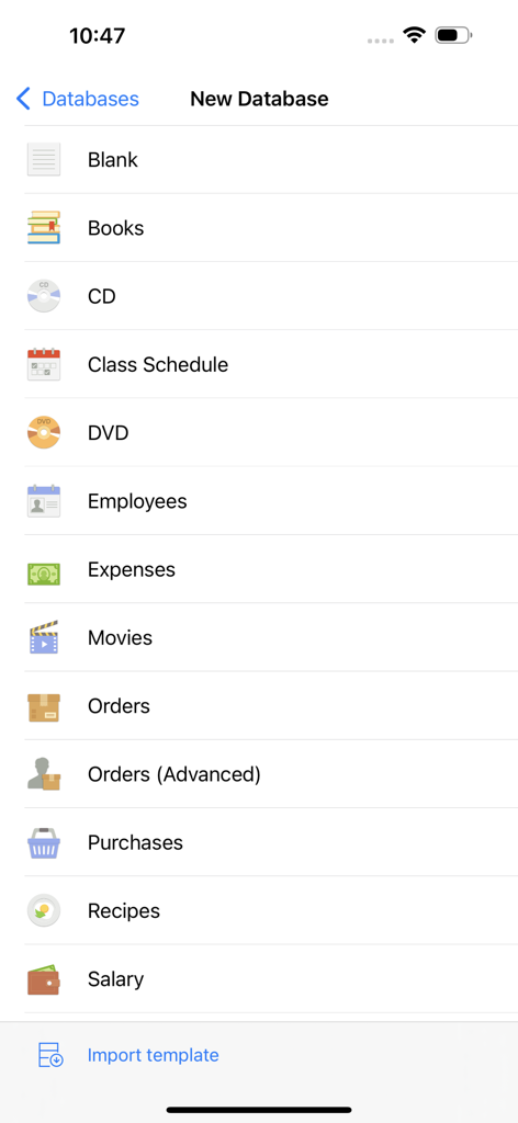 MobiDB Database - Écran de l'application MobiDB montrant une liste de modèles de bases de données prédéfinis pour des catégories comme les livres, les employés et les dépenses