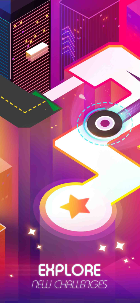 Dancing Ballz: Magic Tiles - Une balle naviguant sur un chemin en zigzag 3D en néon dans le jeu musical Dancing Ballz Magic Tiles