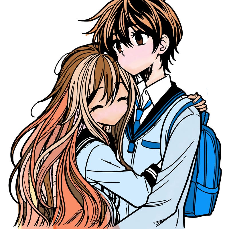 manga girl with long hair hugging a taller boy with short fluffy hair