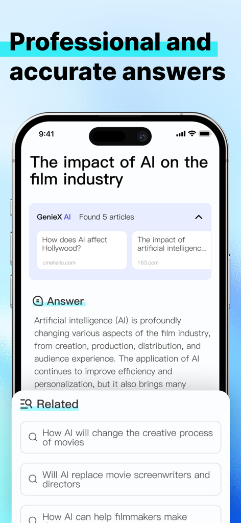 GenieX - AI Chat - Interface do GenieX AI Chat exibindo resultados de pesquisa profissionais e precisos para uma consulta de pesquisa sobre a indústria cinematográfica.