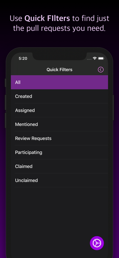 Pullwalla for Bitbucket GitHub - Pullwalla app interface showing a list of quick filters for managing pull requests on iPhone