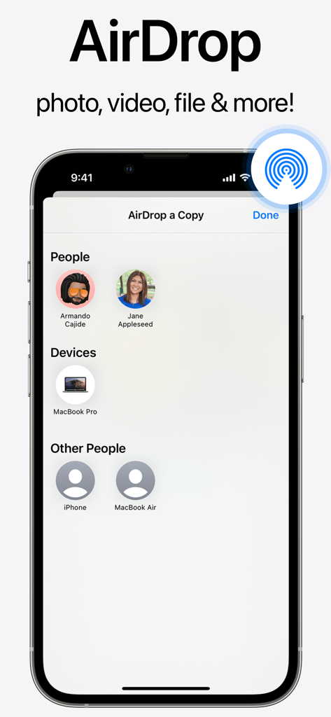 Air File Share & Drop - Air File Share and Drop app screen showing contacts and devices for transferring photos and files