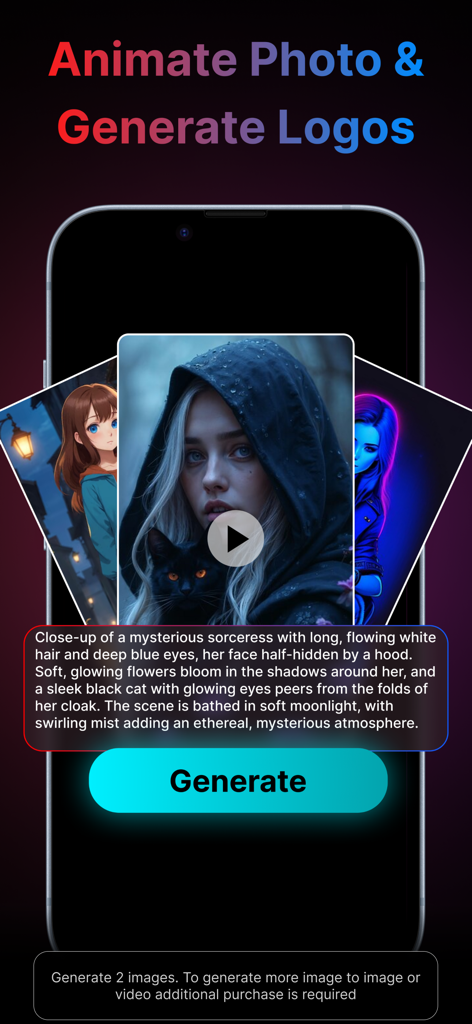 AI Video,Art & Image Generator - AI 앱 인터페이스, 텍스트 프롬프트 및 애니메이션을 위한 신비로운 마법사의 생성된 이미지 표시