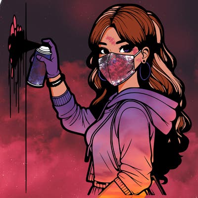 realistic girl with mask spray painting a wall