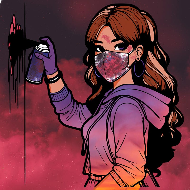 realistic girl with mask spray painting a wall