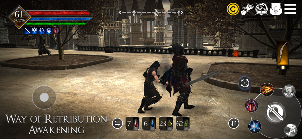 Way of Retribution: Awakening - Dark-Fantasy-Action-RPG-Kampfszene mit Benutzeroberflächenelementen in Way of Retribution Awakening