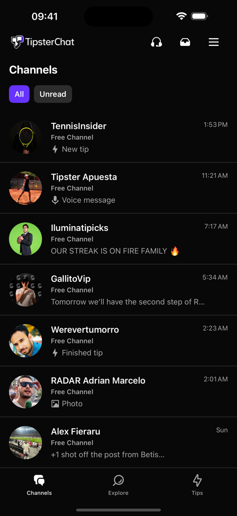 Tipster Chat - Top Sport Tips - 테니스인사이더, 일루미나티픽스 등 스포츠 베팅 팁스터 채널 목록을 보여주는 팁스터 챗 앱 인터페이스.