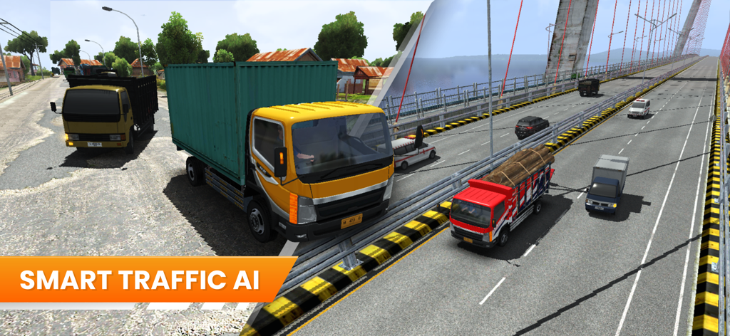 Gameplay of Truck Simulator Indonesia showing smart traffic AI on a large bridge and village roads.