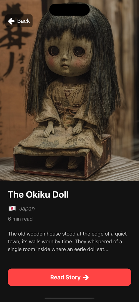 Horror Stories International - A mobile app screen for a Japanese horror story called The Okiku Doll featuring an eerie doll with long black hair and a red Read Story button
