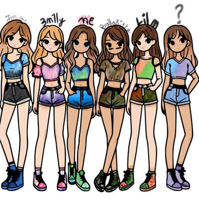 a group of girls wearing crop tops and shorts