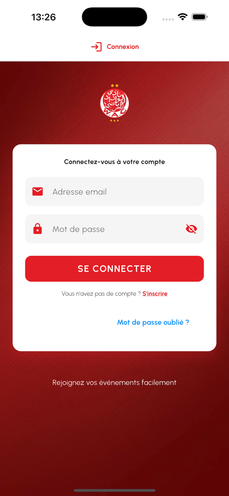 WYDAD TICKETING - Tela de login do aplicativo Wydad Ticketing com o logotipo do clube WAC e formulário de credenciais da conta