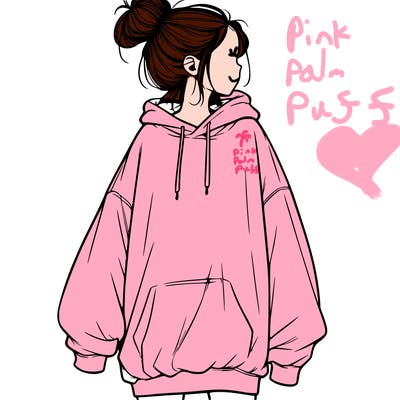 realistic girl with a oversized sweatshirt on and a bun
