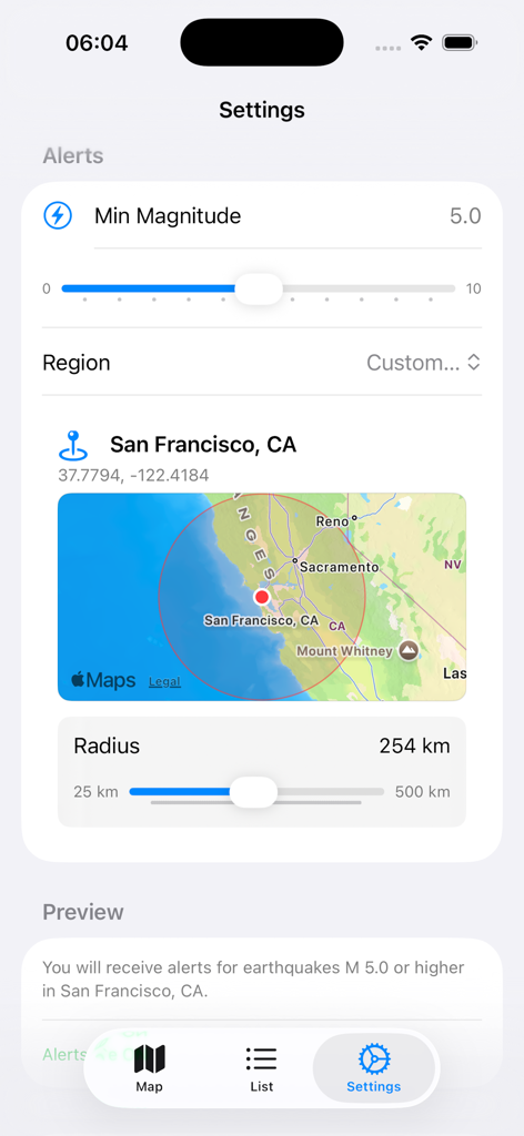 Earthquake Tracker & Monitor - Pantalla de configuración para personalizar las alertas de magnitud y ubicación de terremotos