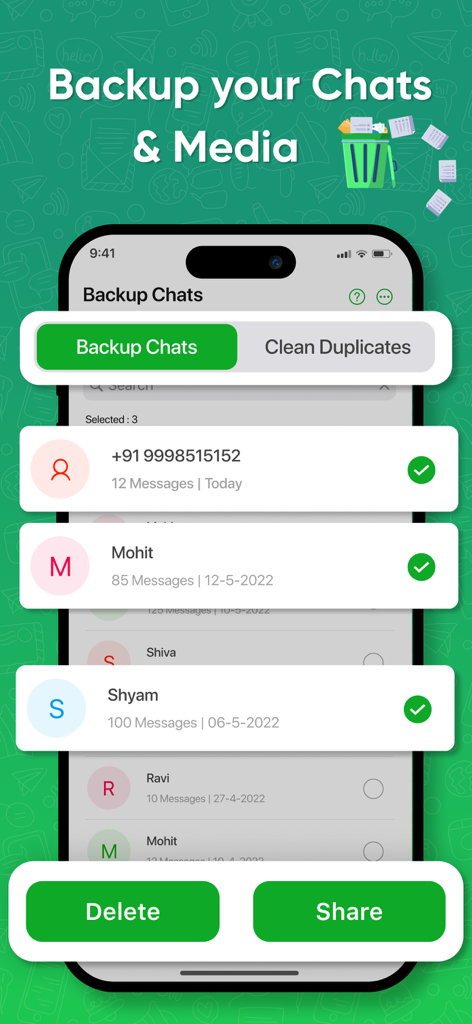Backup my Chats & Photos - Interfaz de aplicación móvil que muestra una lista de copias de seguridad de chat con opciones para eliminar o compartir mensajes