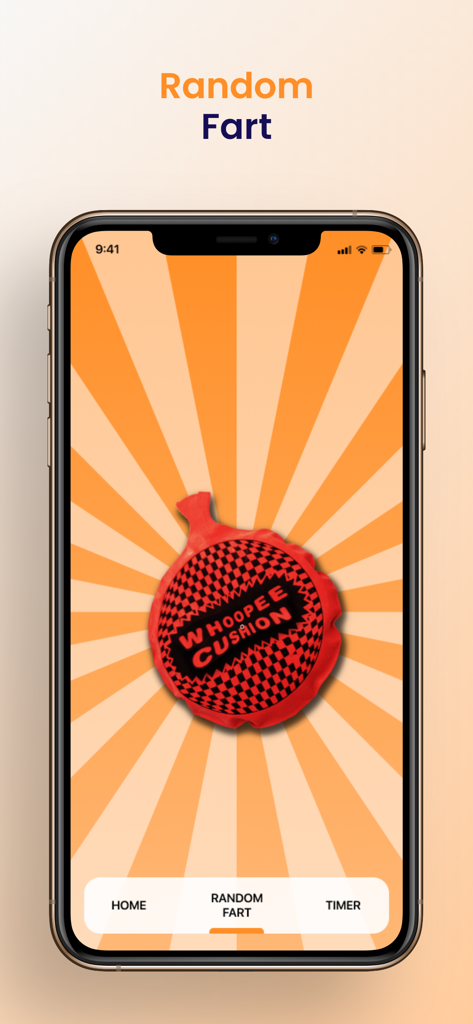 Whoopee Cushion Sound - A smartphone displaying the Whoopee Cushion Sound app interface with a red whoopee cushion on an orange sunburst background.