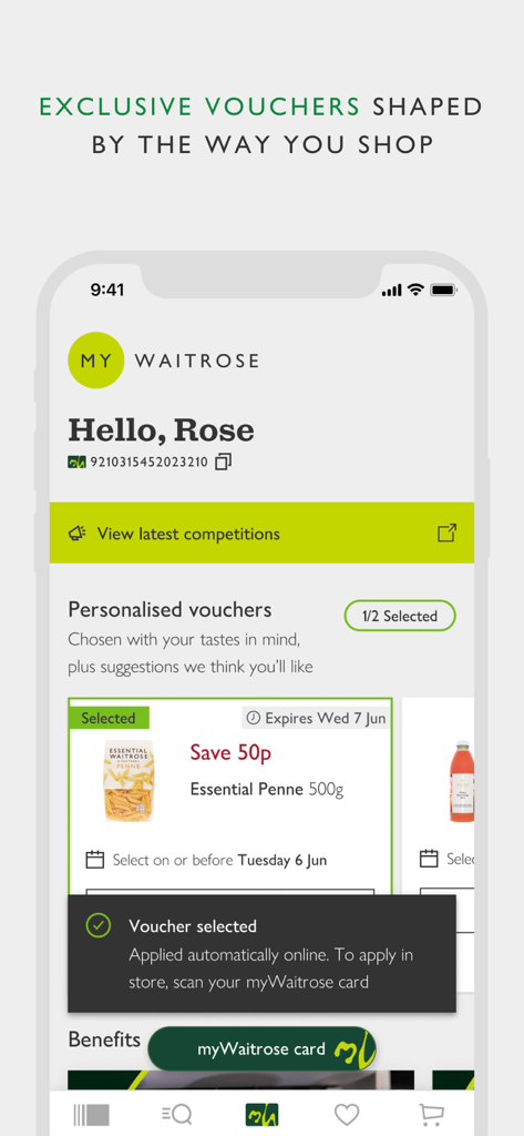 Personalized voucher selection screen in the Waitrose and Partners mobile app