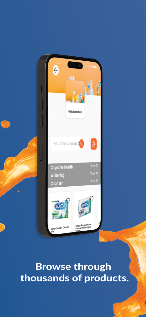 MyTLC Health Companion - An iPhone screen displaying the MyTLC Health Companion app product browsing interface with categories like cognitive health and whitening.